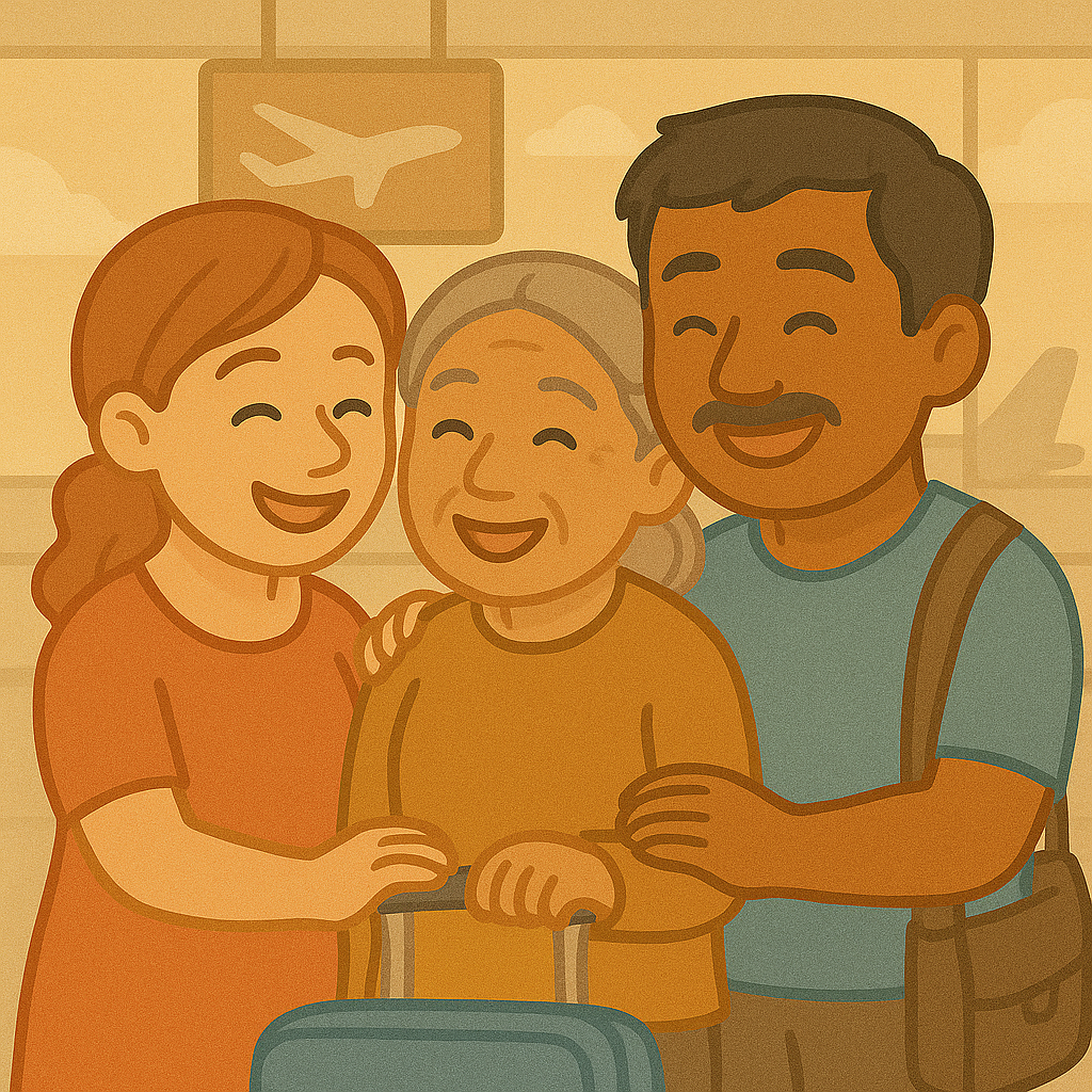 다문화 부부가 외국인 배우자의 장모님을 만나 웃고 있다