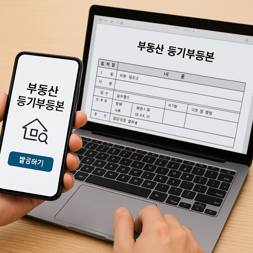 부동산 등기부등본을 PC와 스마트폰에서 발급받는 장면 