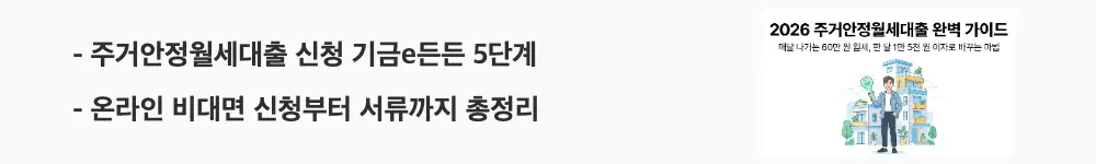 '주거안정월세대출 신청 기금e든든 5단계'와 '온라인 비대면 신청부터 서류까지 총정리'라는 문구가 포함된 웹배너 이미지. 이 이미지는 주거안정월세대출의 기금e든든 온라인 신청 절차와 준비 서류 정보를 시각적으로 전달하며, 블로그의 주거안정월세대출 신청 방법과 관련된 내용을 설명함