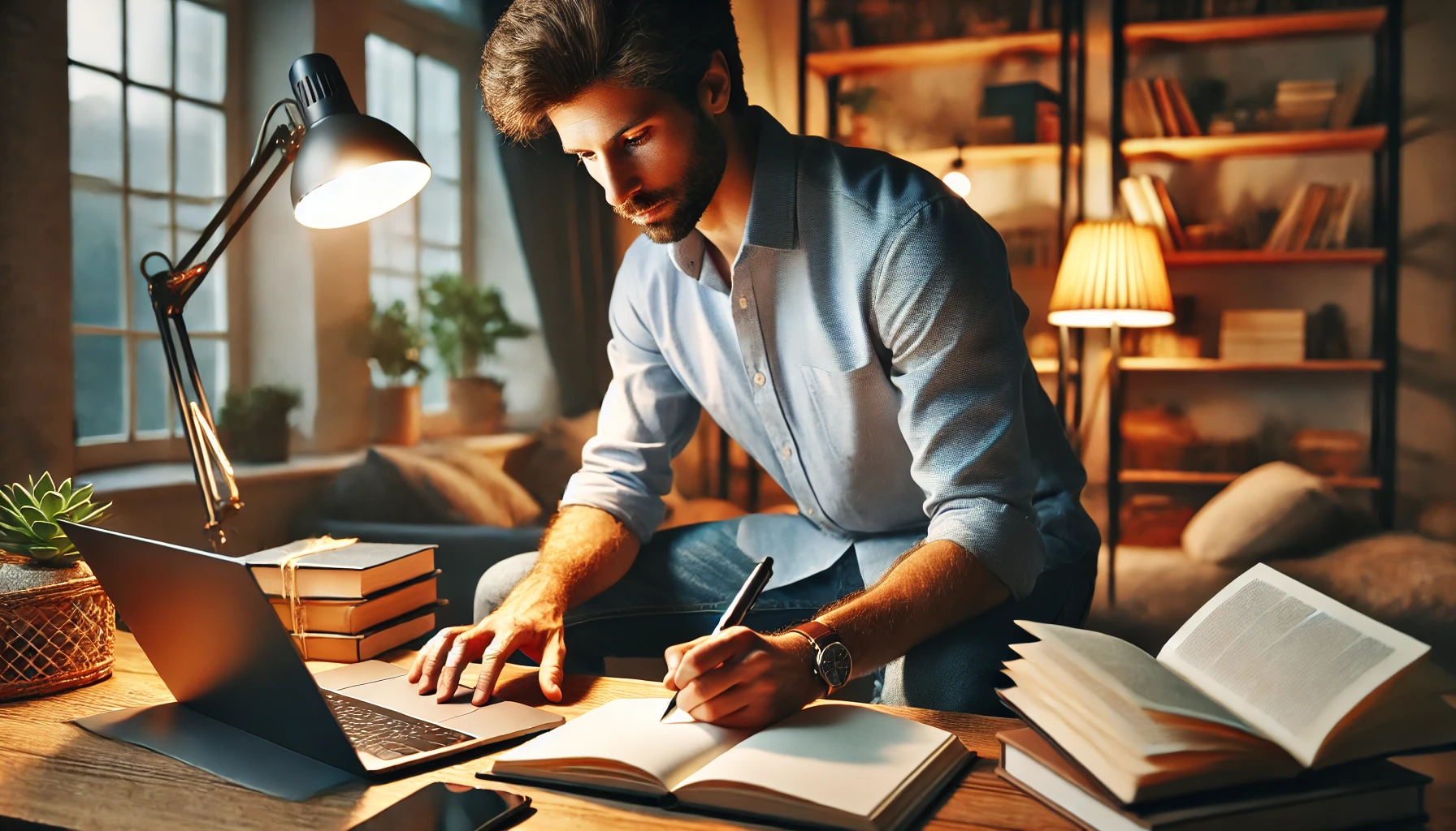 직장인이 퇴근 후 집에서 노트북과 노트에 글을 쓰고 있는 모습