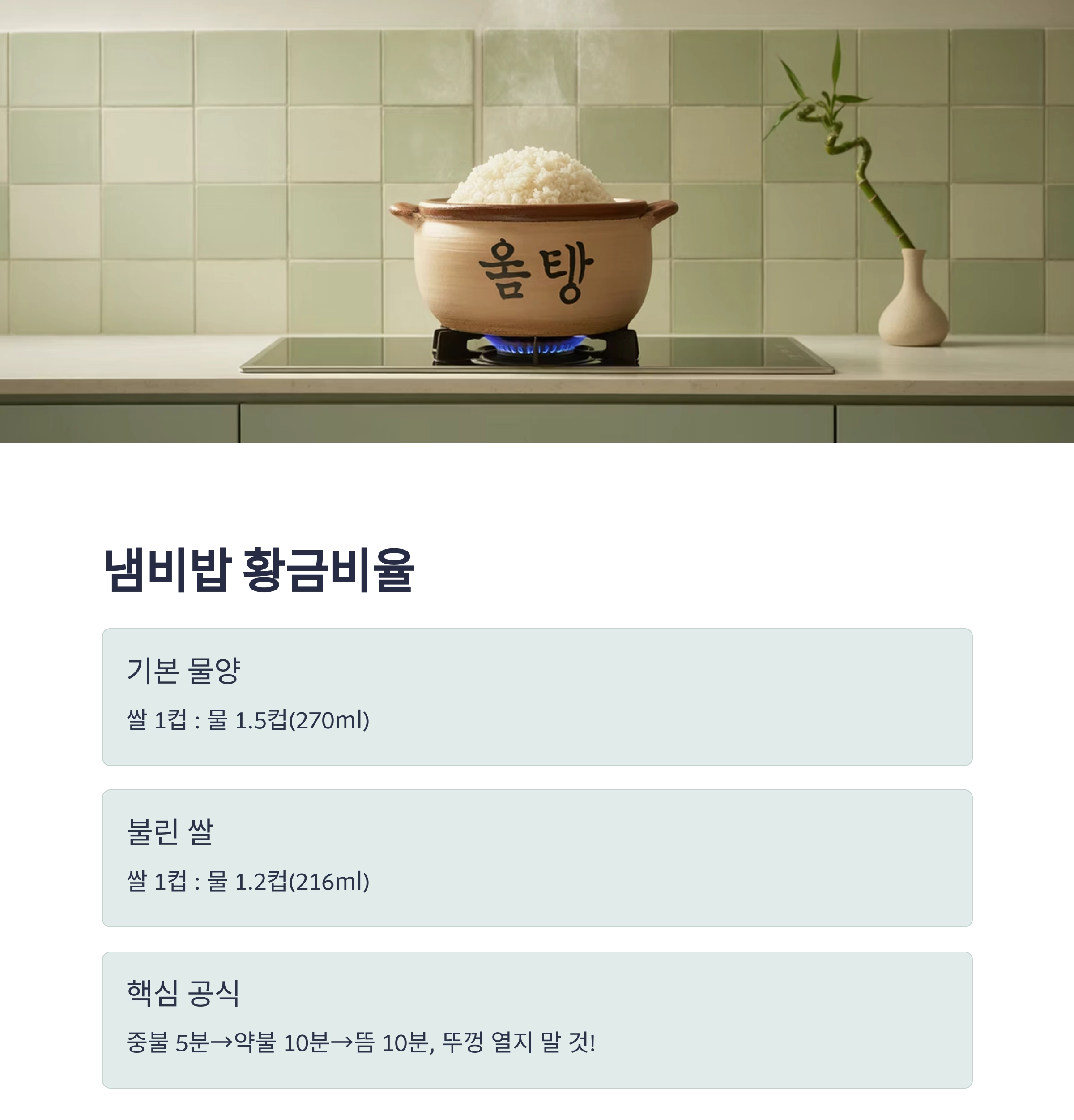 실패 없는 밥짓기! 냄비·압력밥솥·전기밥솥 물양 공식 총정리