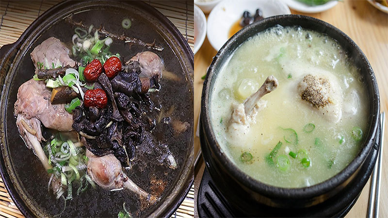 왼쪽에는 오리백숙, 오른쪽에는 삼계탕 이미지