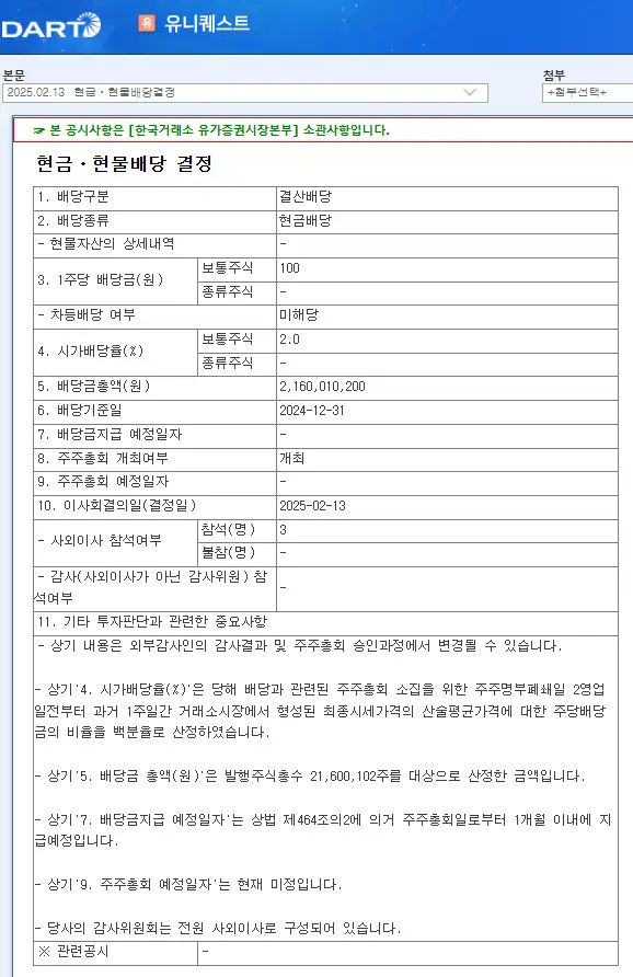 유니퀘스트(077500) 2025년 배당 기준일