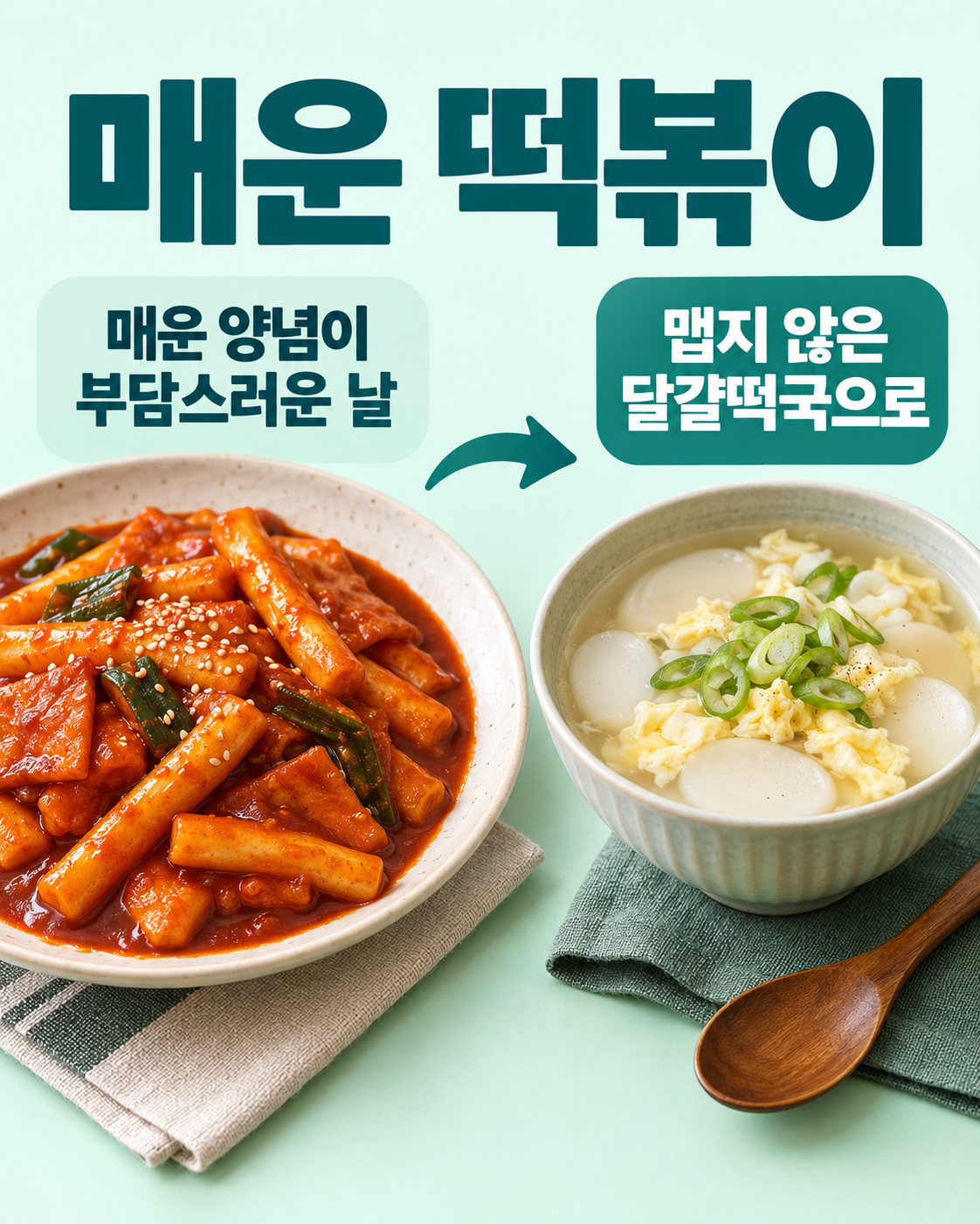 매운 떡볶이 실사 비교. 부담이 있는 때: 매운 떡볶이의 붉은 양념; 바꾼 끼니: 맵지 않은 달걀떡국 작은 그릇