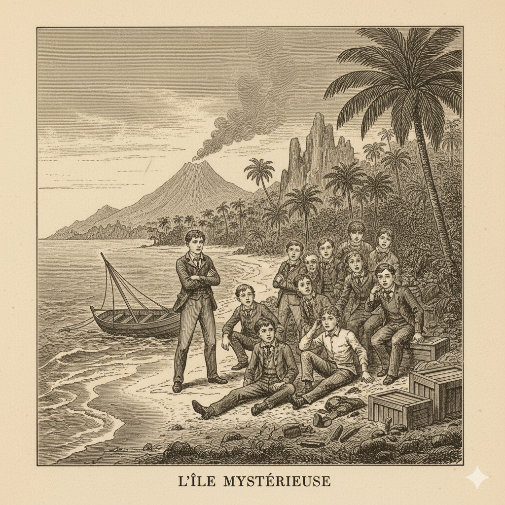 쥘 베른의 '15소년 표류기'를 연상시키는 삽화. 15명의 소년들이 무인도에서 쉘터를 짓고, 불을 피우며, 탐험하는 등 서로 협동하여 생존하는 모습을 생동감 있게 표현한 그림.