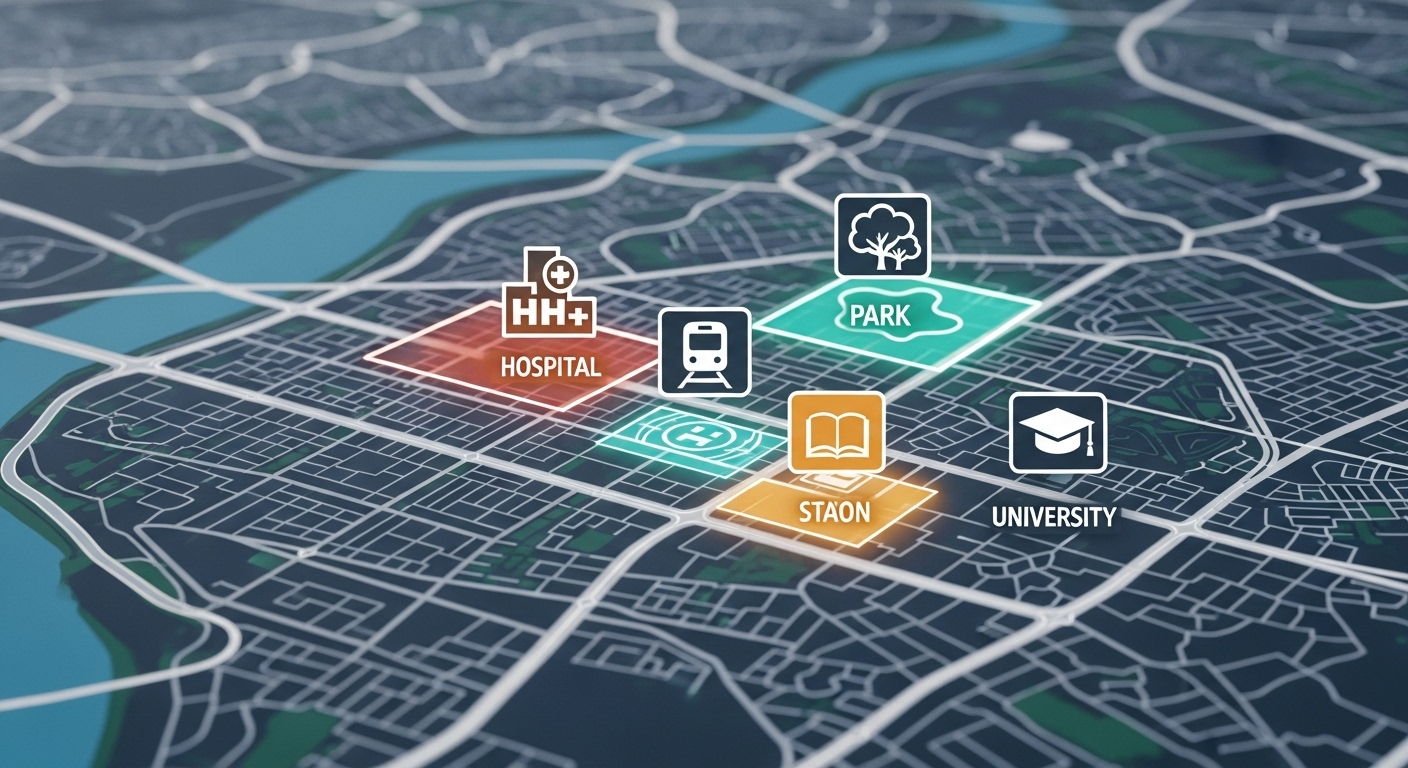 병원, 지하철, 공원 등 핵심 인프라가 집중된 압축 도시의 개념을 시각화한 지도 이미지