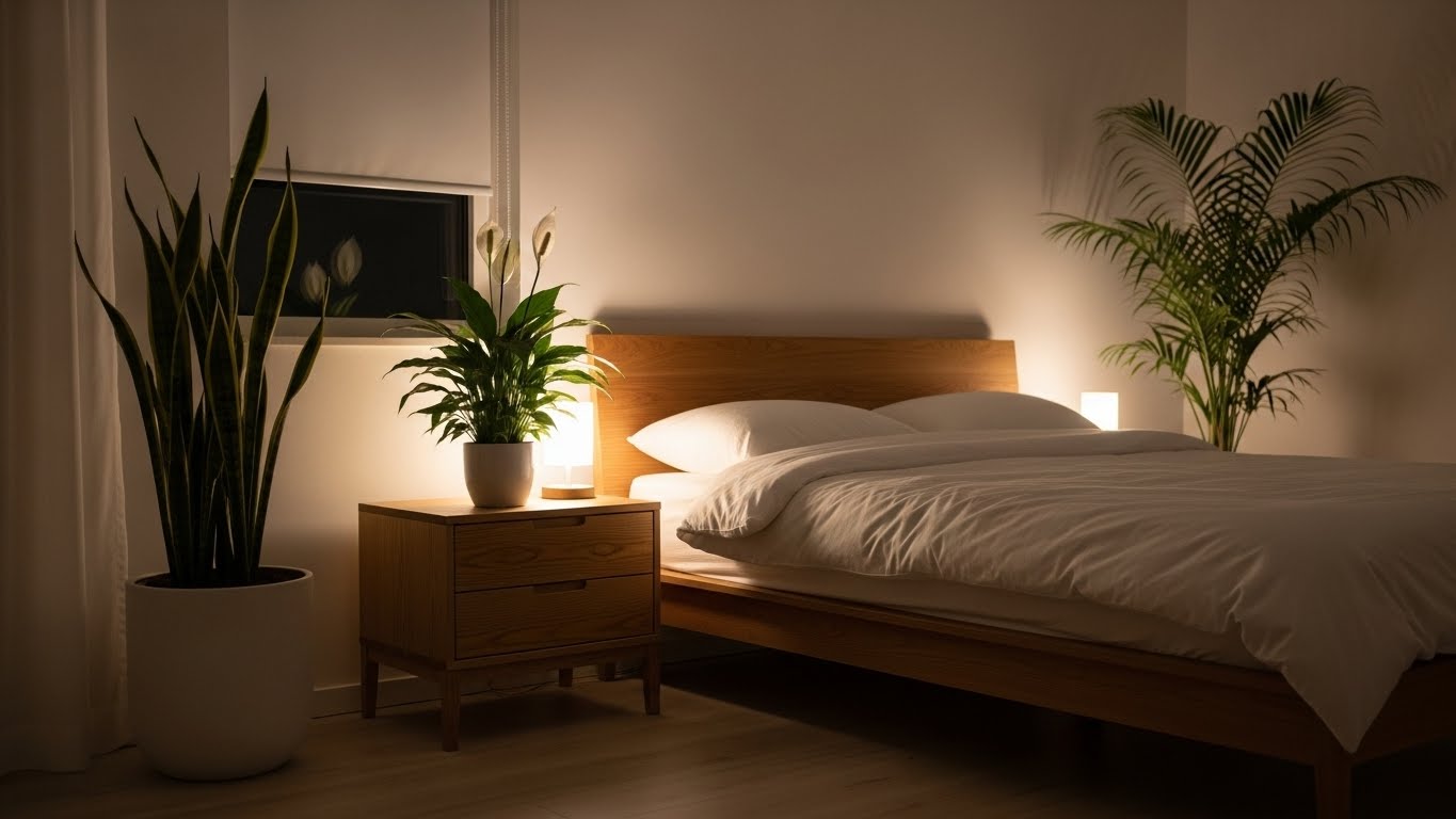 따뜻한 조명이 켜진 침실에 실내 식물들이 창가와 협탁 위에 안정감 있게 배치된 모습. 산세베리아와 스파티필름 등이 놓여 있어 편안하고 차분한 분위기를 만드는 장면.