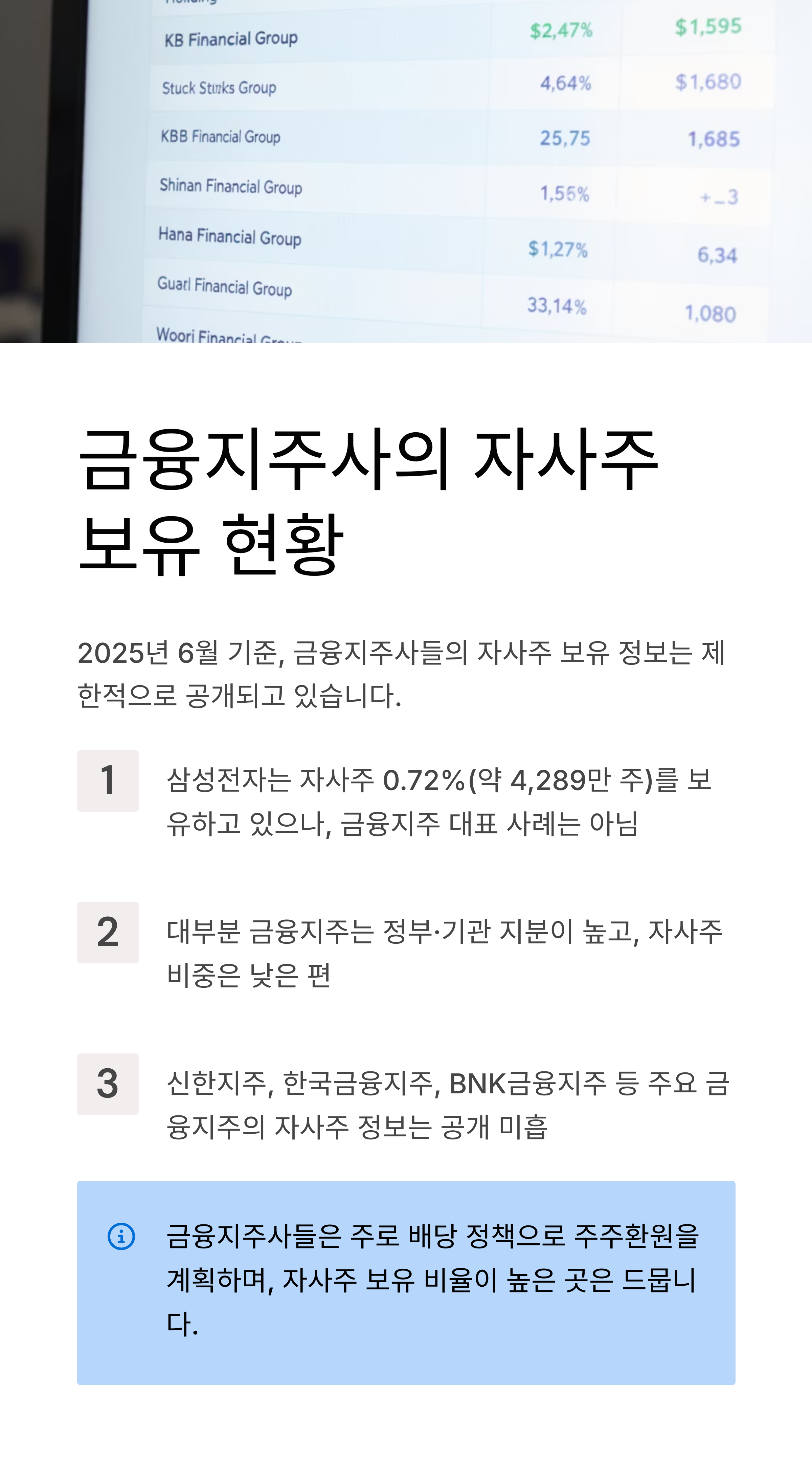 자사주 많이 보유한 금융지주사는?