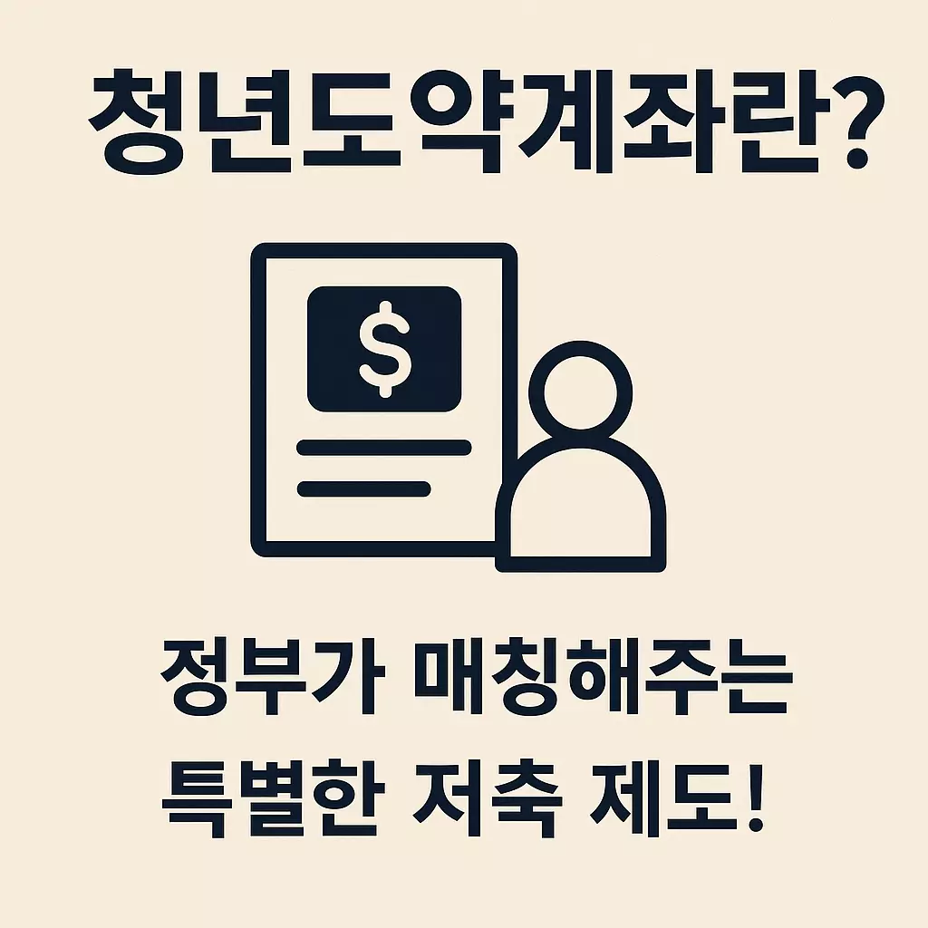 "청년도약계좌란?"이라는 제목과 함께, 정부가 매칭해주는 특별한 저축 제도임을 강조하는 문구가 있는 심플한 인포그래픽 이미지. 사람 아이콘과 서류, 화폐 기호가 함께 구성되어 있음.