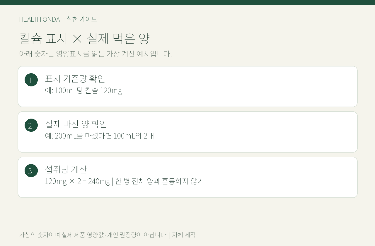 100mL당 120mg인 가상 음료 200mL의 칼슘을 240mg으로 계산한 예시