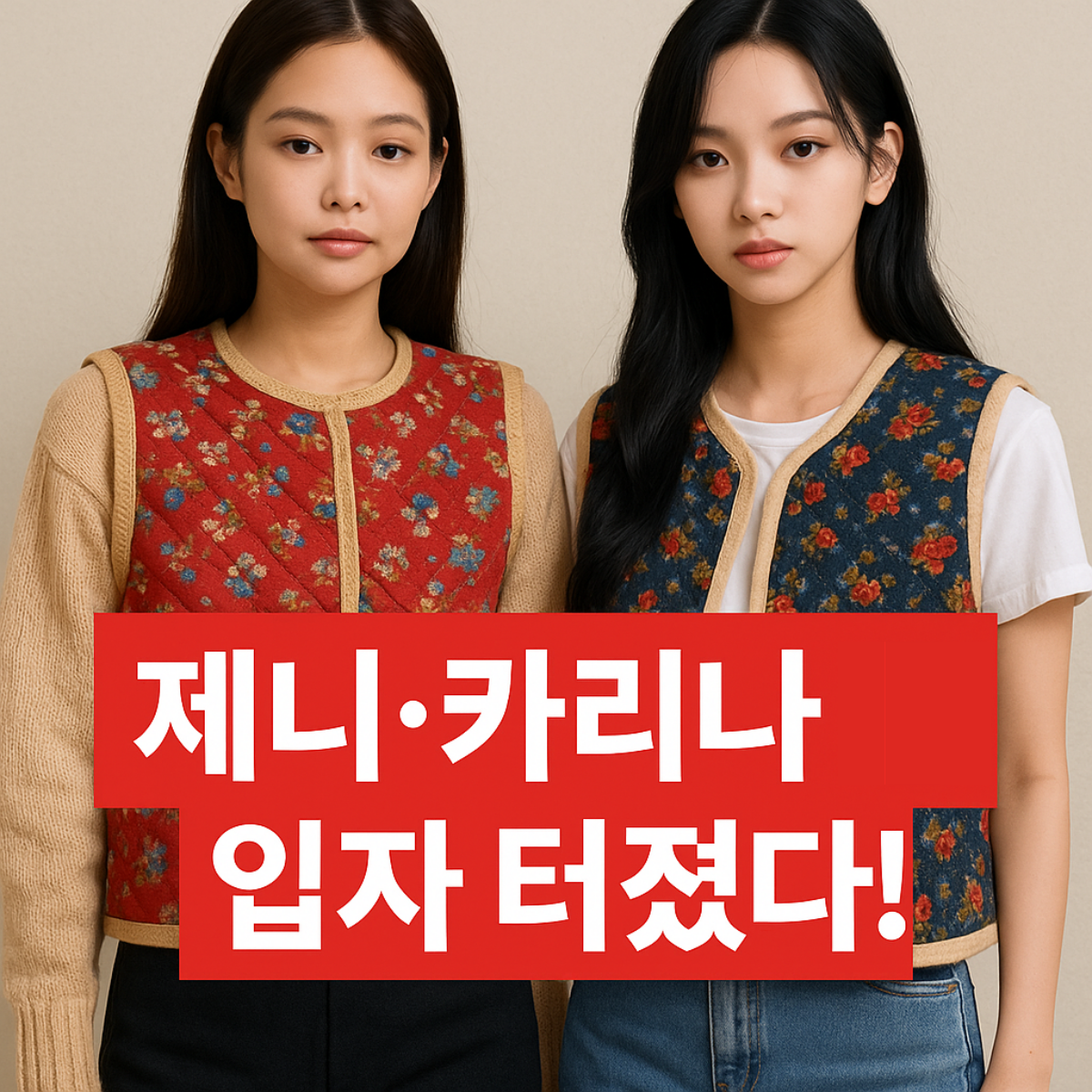 “MZ세대 사이에서 유행하는 꽃무늬 김장조끼 패션, 제니와 카리나 SNS로 인기가 폭발한 누빔조끼 트렌드 설명 이미지”