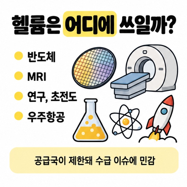 반도체, MRI, 연구장비, 우주항공에서 헬륨이 쓰이는 분야를 보여주는 그림