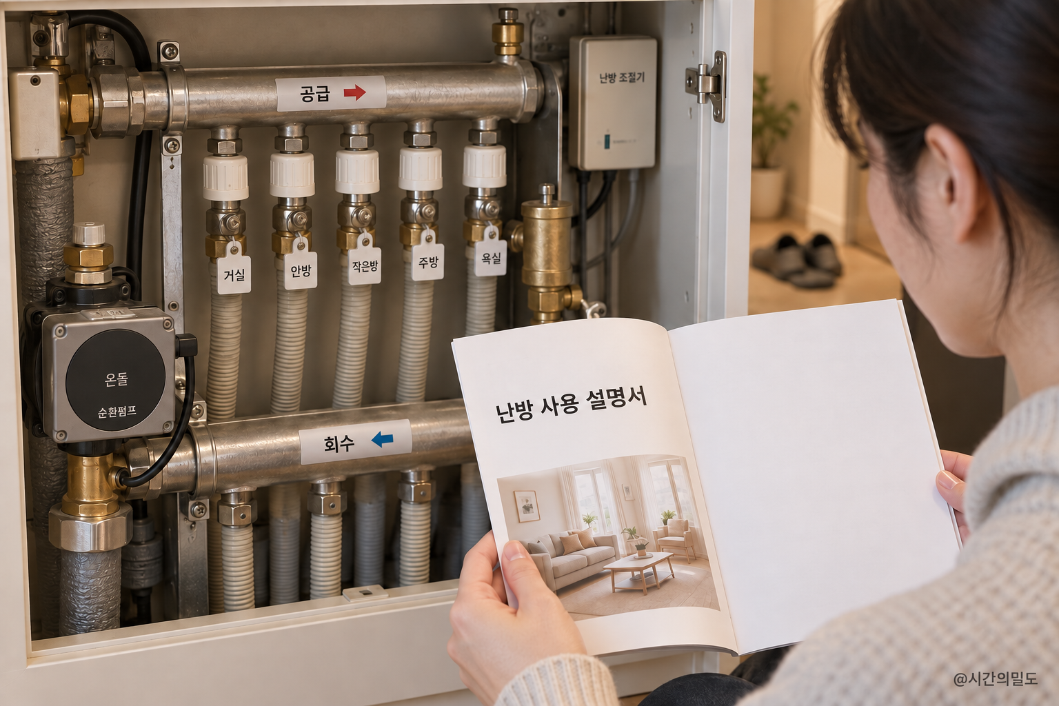 난방 분배기 앞에서 사용 설명서를 확인하는 거주자