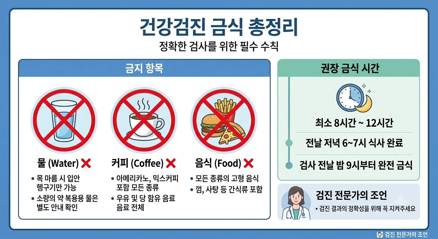 건강검진 금식 총정리: 정확한 검사를 위한 필수 수칙.
금지 항목: 물, 커피, 음식.
권장 금식 시간: 최소 8시간~12시간. 전날 저녁 6~7시 식사 완료. 검사 전날 밤 9시부터 완전 금식.
검진 실무자의 조언: 검진 결과의 정확성을 위해 꼭 지켜주세요.