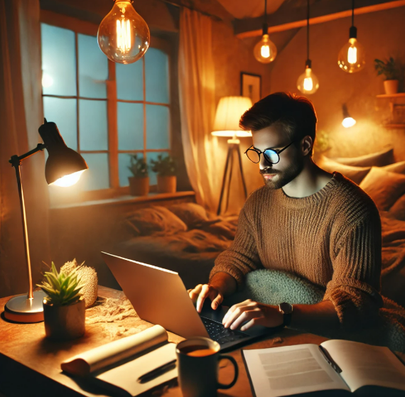 책과 노트북을 펼쳐두고 자료를 찾는 남성 사진