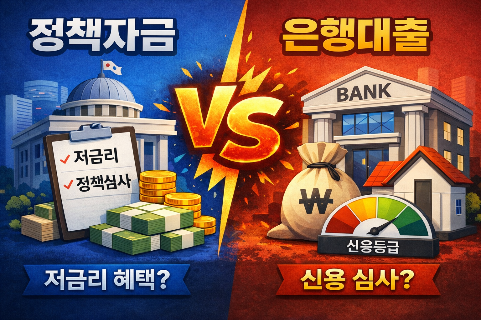 정책자금과 은행대출 차이 비교 이미지, 금리·심사 기준·신용등급 구조 설명