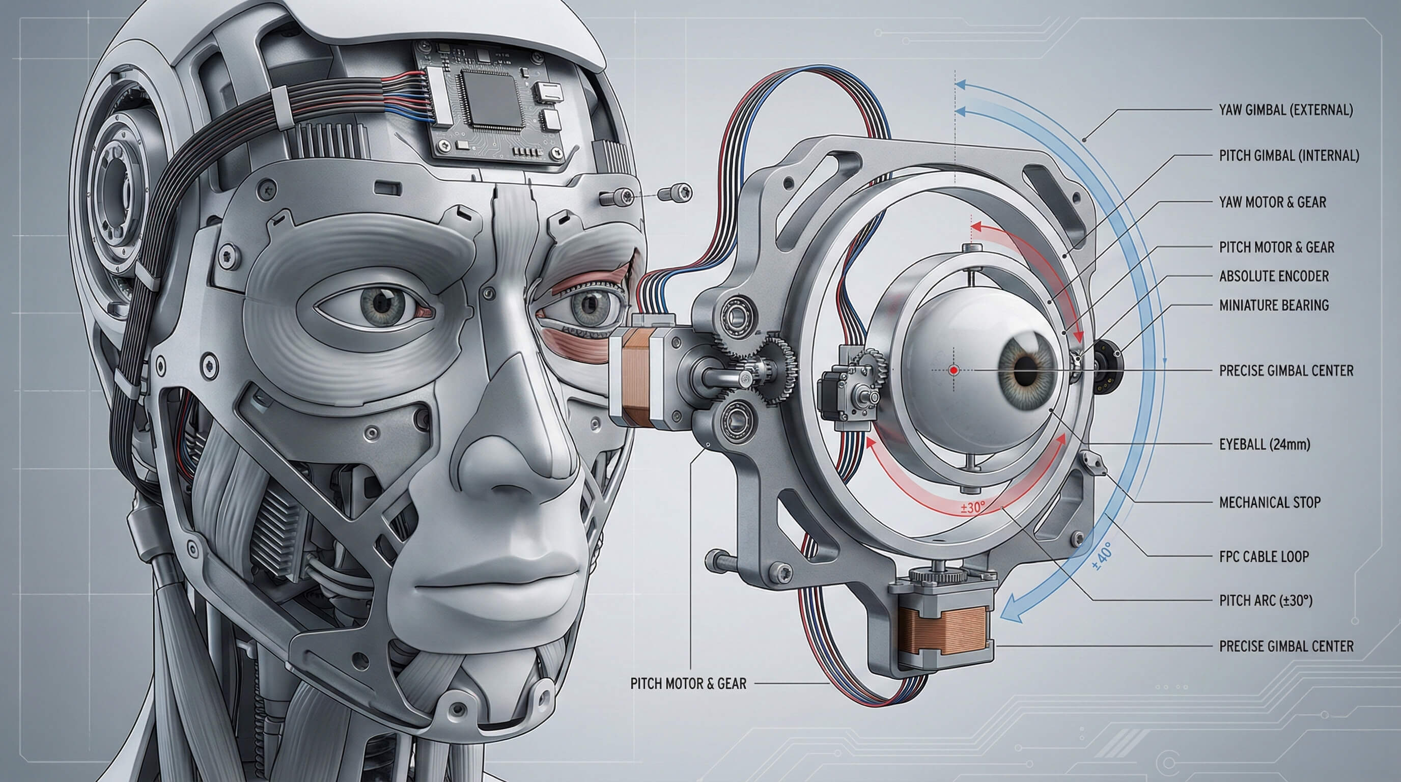 휴머노이드 얼굴의 눈동자 움직임 구조 설계: 2축 김벌(Gimbal)과 30°~40° 회전 범위 기준
