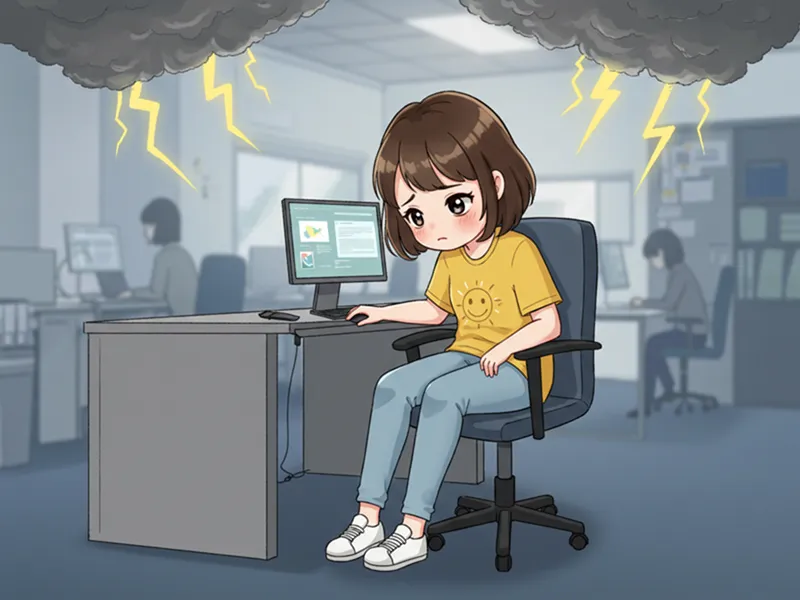 의자에 축 늘어져 앉아 있는 귀여운 캐릭터 일러스트, 스트레스를 상징하는 어두운 구름과 번개가 떠다니는 모습