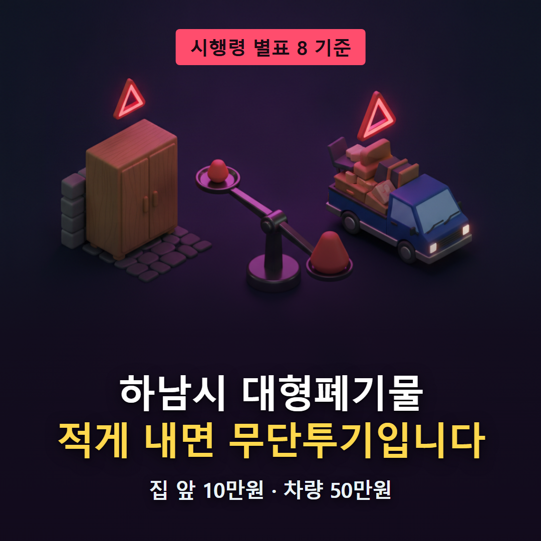 하남시 대형폐기물 티스토리 대표 이미지 - 수수료를 적게 내면 무단투기로 간주되어 집 앞 10만원, 차량 50만원 과태료 대상이 된다는 안내