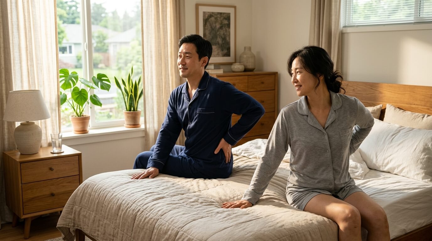 아침에 허리를 스트레칭하며 뻣뻣함을 풀고 있는 중년 남녀