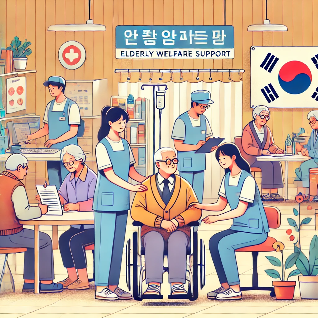 &quot;남녀 노인들이 따뜻한 분위기의 복지 센터에서 지원을 받고 있는 모습. 자원봉사자들이 노인들에게 서류 작성을 돕거나 건강 상담을 해주고 있으며, 일부는 소셜 활동을 즐기고 있다. 주변 환경은 따뜻하고 환영하는 분위기로, 한국의 노인 복지 지원의 중요성을 시각적으로 표현한 이미지.&quot;