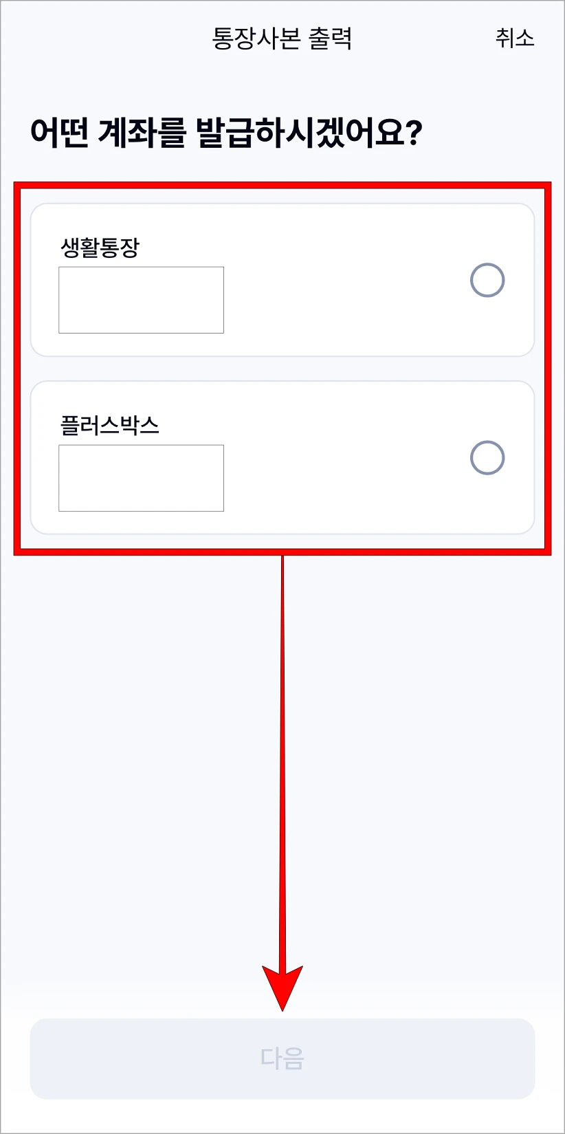 통장사본을 발급할 계좌를 선택하고 다음을 선택