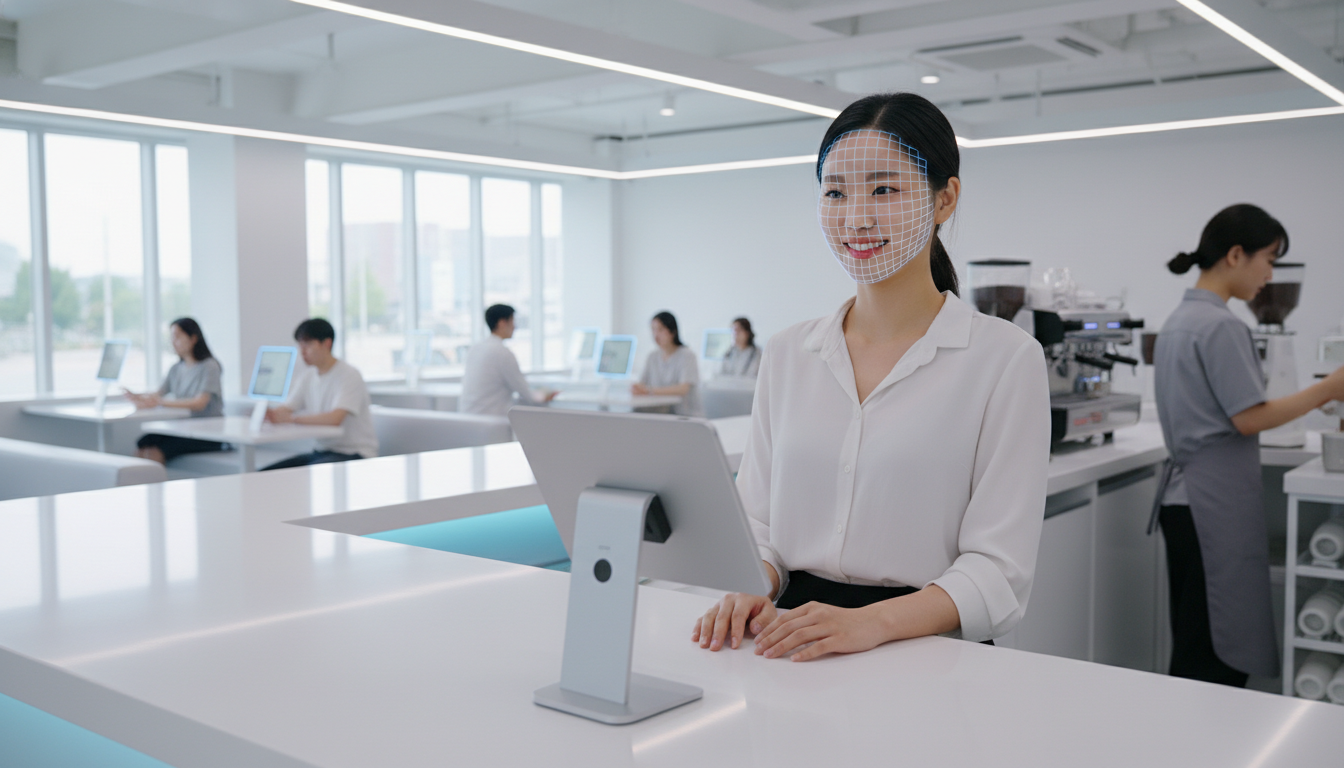 토스 페이스페이 단말기를 통해 카드 없이 얼굴 인식으로 결제하고 있는 젊은 여성의 모습