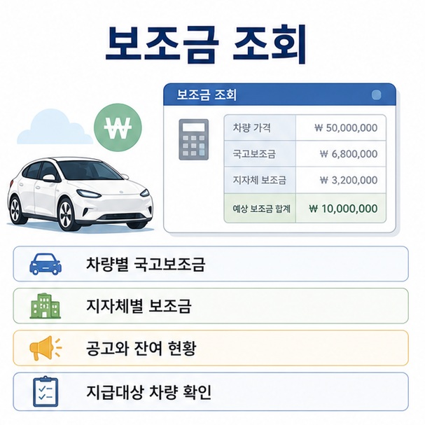 무공해차 통합누리집에서 전기차 모델별 국고보조금과 지자체 보조금, 지원 대상 차량을 조회하는 모습을 표현한 이미지