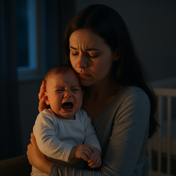밤중에 자다 깨어 울고 있는 아기를 안고 걱정스러운 표정으로 달래는 엄마의 모습