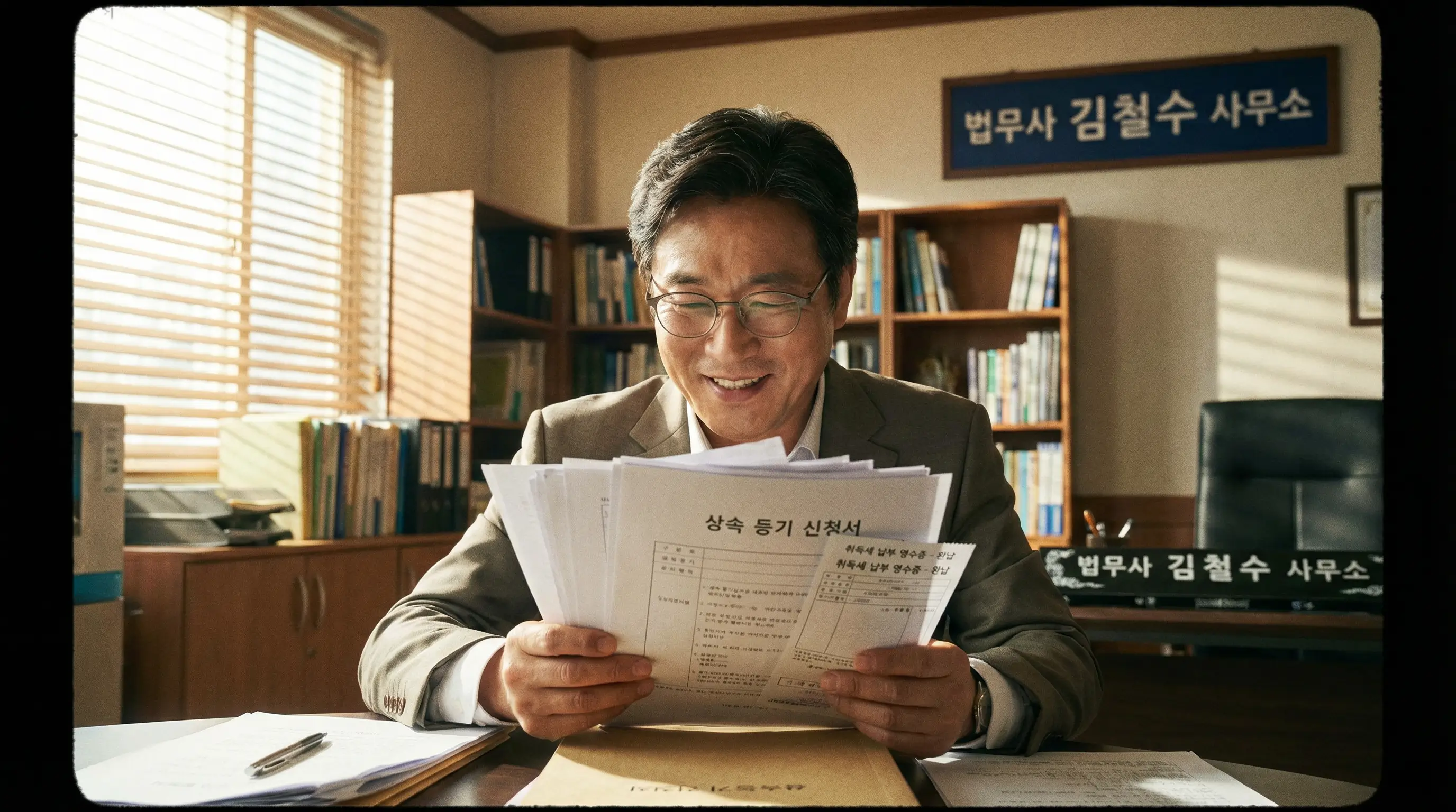 법무사 사무실에서 상속 등기 서류를 검토하고 취득세 납부 영수증을 확인하는 안심하는 모습