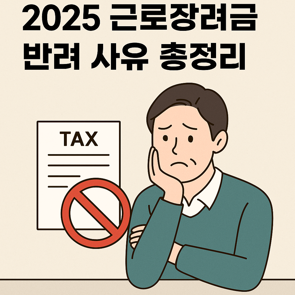 2025 근로장려금 반려 사유 총정리 썸네일 - 탈락 이유 고민하는 청년과 거절 마크