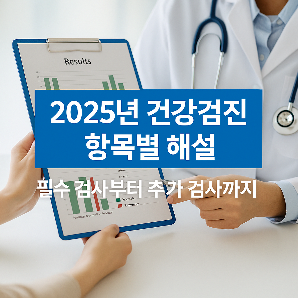 의사와 환자가 건강검진 결과 그래프가 포함된 문서를 함께 보며 상담하는 모습과 함께 '2025년 건강검진 항목별 해설 ❘ 필수 검사부터 추가 검사까지'라는 문구가 강조된 이미지