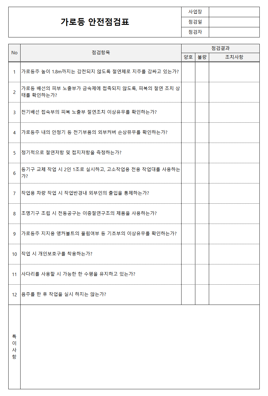 가로등 안전점검표