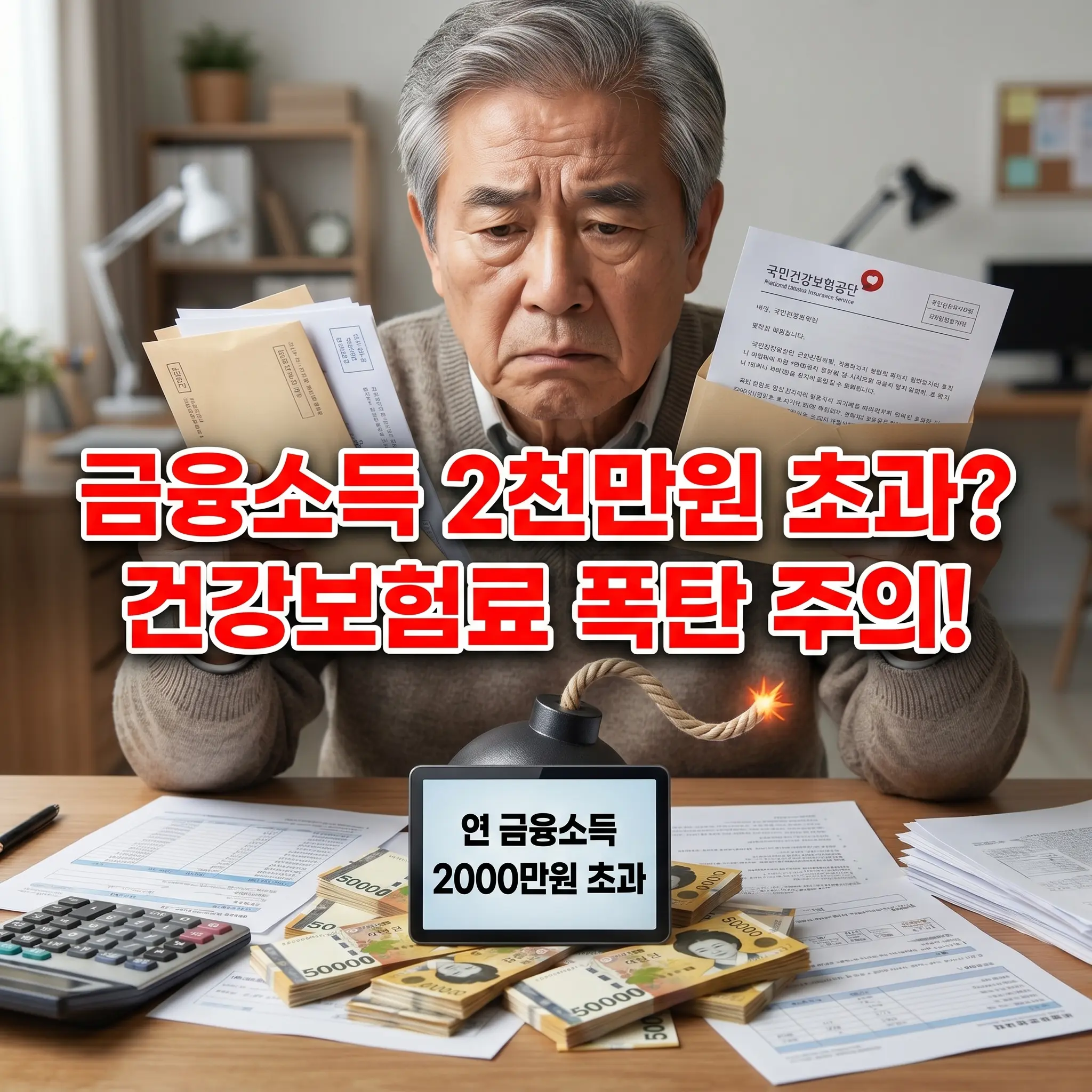 금융소득 2,000만 원 초과 시 건강보험료 폭탄을 경고하는 썸네일 이미지. 책상 앞에 앉은 은퇴한 남성이 건강보험공단으로부터 받은 통지서와 서류 뭉치를 든 채 심각하고 걱정스러운 표정을 짓고 있다. 책상 위에는 계산기, 오만 원권 지폐 뭉치, 그리고 '연 금융소득 2000만원 초과'라고 적힌 태블릿PC가 놓여 있으며, 그 위에 심지에 불이 붙은 검은색 폭탄 오브제가 배치되어 위험한 상황을 암시한다. 중앙에는 '금융소득 2천만원 초과? 건강보험료 폭탄 주의!'라는 빨간색 강조 문구가 적혀 있다.