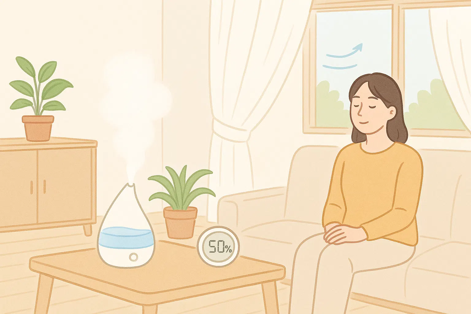 가습기를 켜놓은 거실, 습도계에 50% 표시, 창문을 열어 환기하는 장면