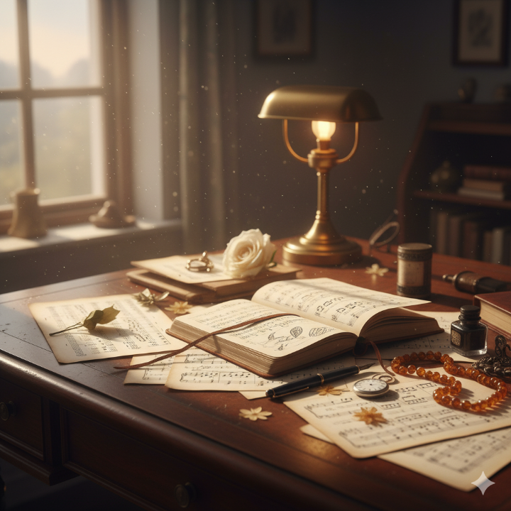 음악 노트와 악보가 감성적으로 배치된 이미지