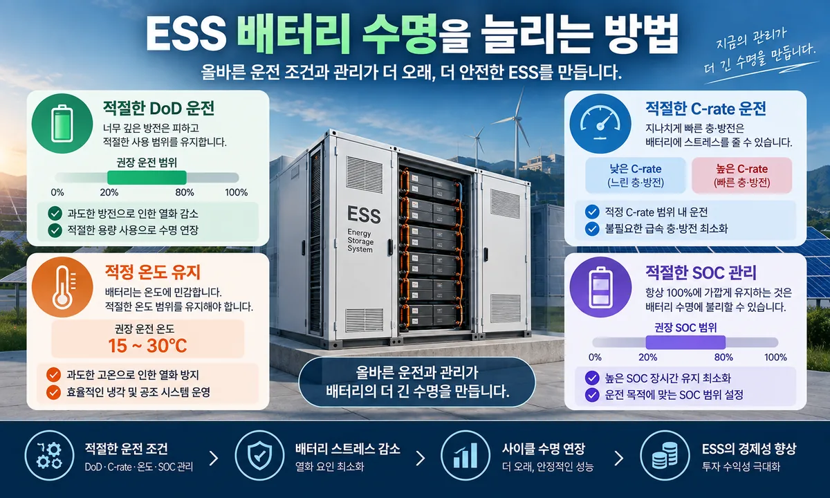 DoD C-rate 온도 SOC 관리로 ESS 배터리 수명을 늘리는 방법을 정리한 인포그래픽