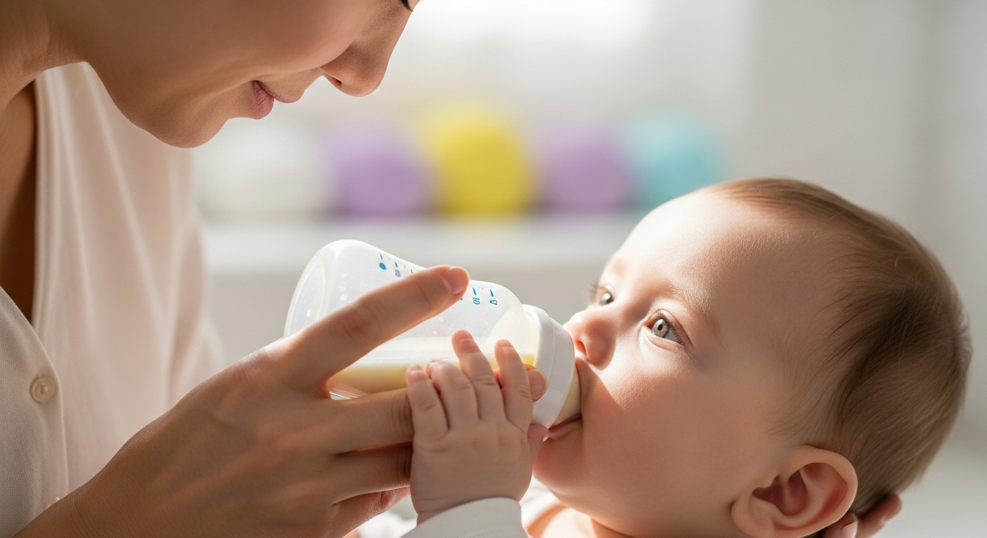 엄마가 아기에게 우유병을 물려주며 사랑스럽게 바라보는 모습.