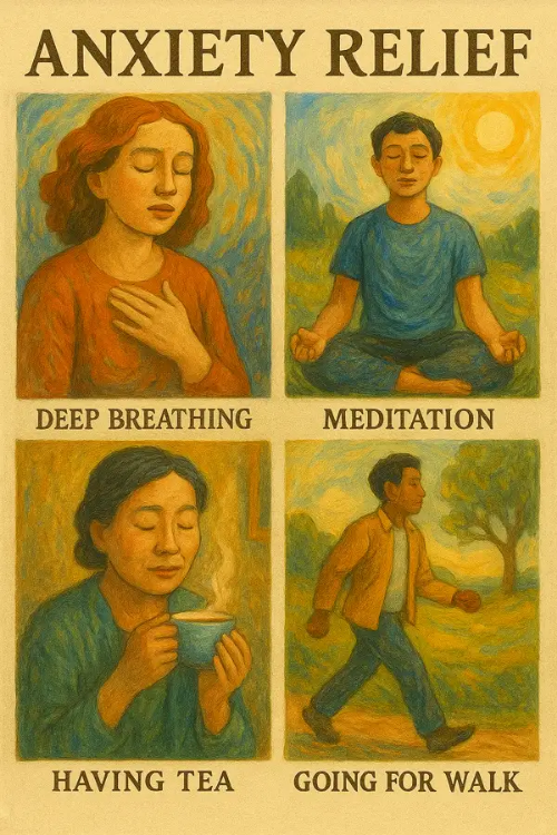 심호흡, 명상, 차 마시기, 산책을 각기 다른 예술적 그림체로 표현한 불안 완화 콜라주 &mdash; 회화적 감성과 따뜻한 일상 속 실천 장면 포함