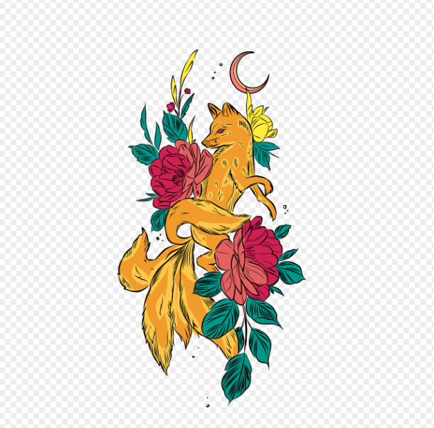 붉은 모란꽃과 초승달 배경 속에 아홉 개의 꼬리를 가진 황금빛 구미호가 그려진 일러스트. 한국, 중국, 일본의 구미호 전설부터 현대 서사까지 분석한 도서 '구미호는 왜 매번 다시 태어날까?'의 주제를 상징하는 이미지.