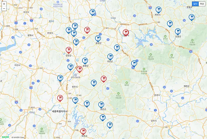 충북지역 오일장 지도 보기