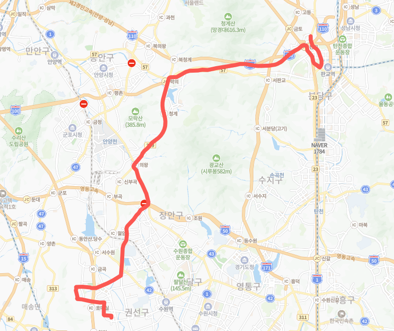 성남-수원-P9100(퇴근)번-버스-노선-지도