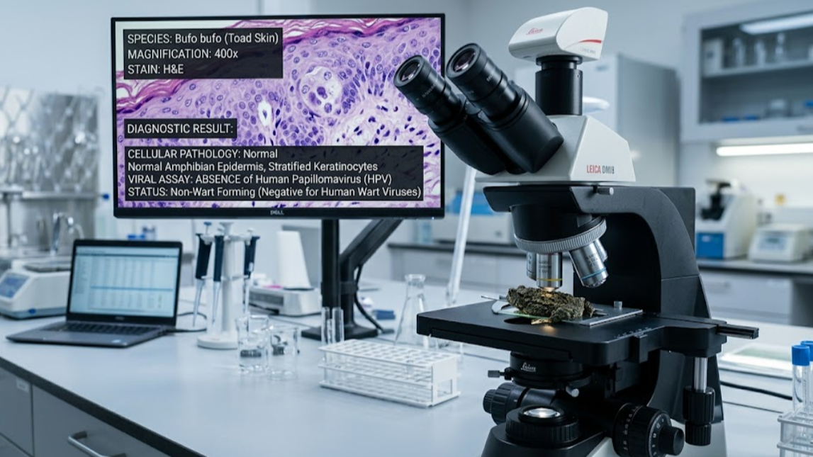 두꺼비 피부 돌기와 바이러스의 무관함을 입증하는 과학적 연구 장면