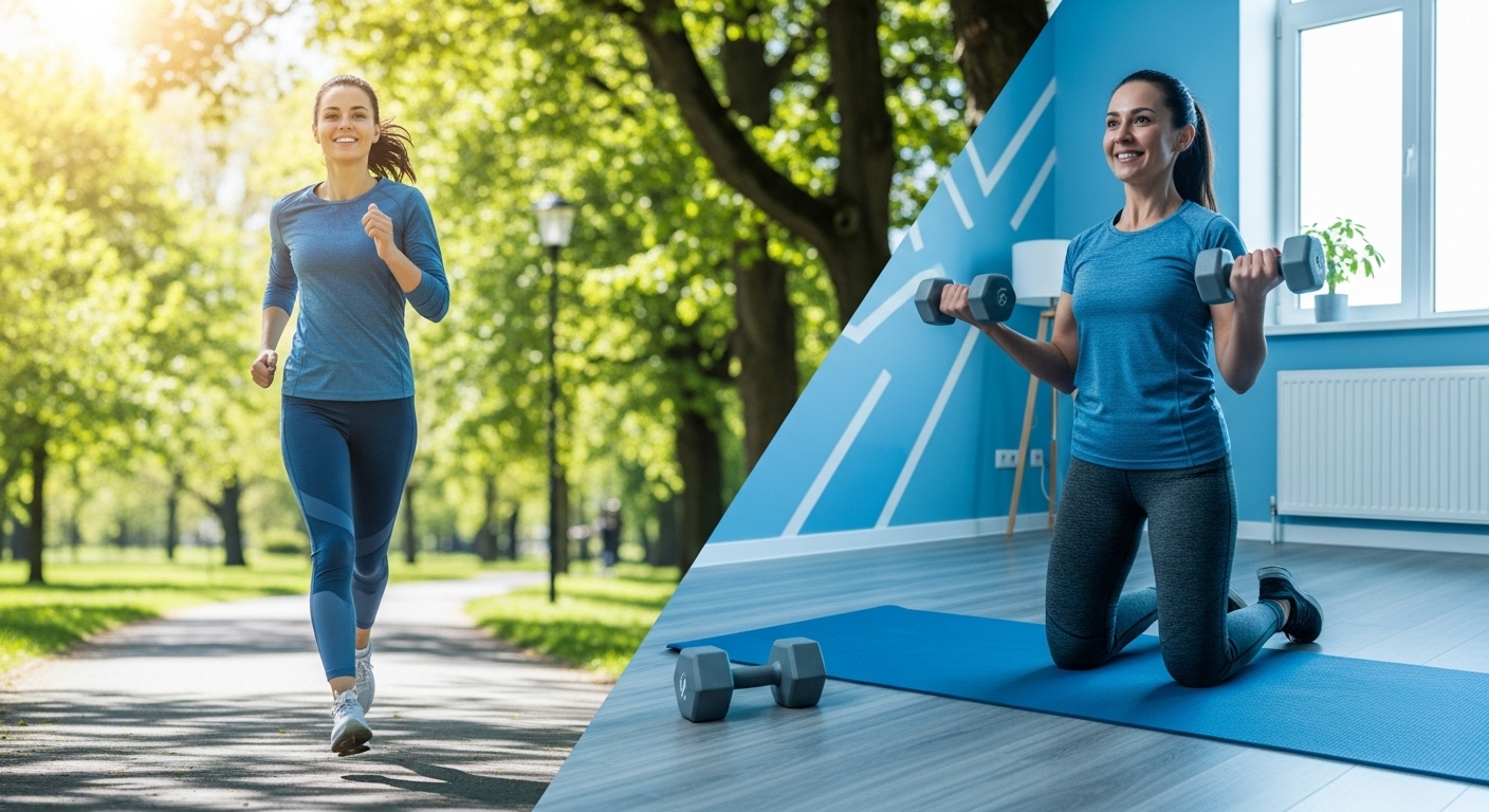 공원에서 조깅하고 집에서 근력 운동하는 사람, 내장지방 감량을 위한 운동 습관.