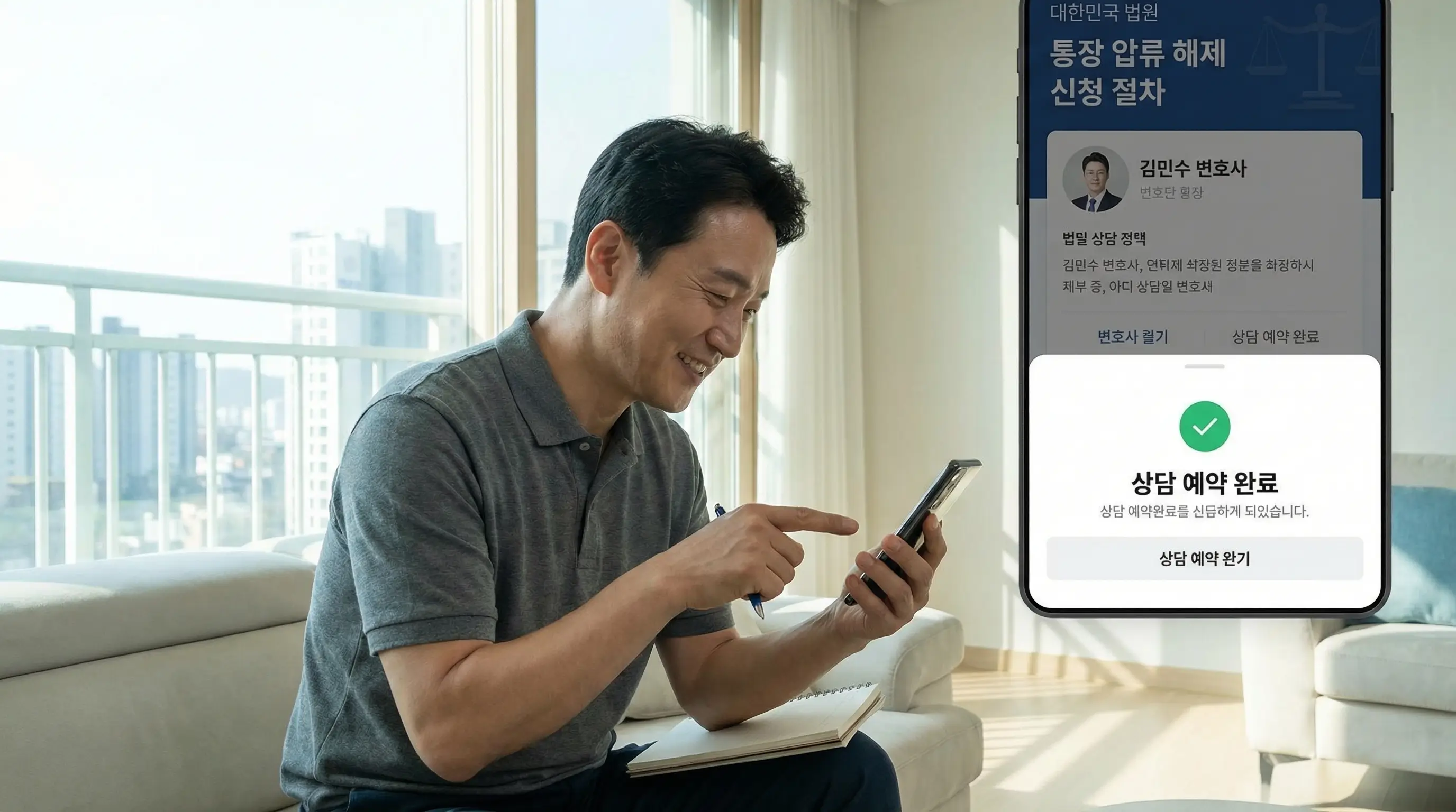 스마트폰으로 통장 압류 해제 절차를 확인하고 법률 상담을 신청하여 문제를 해결하는 적극적인 모습