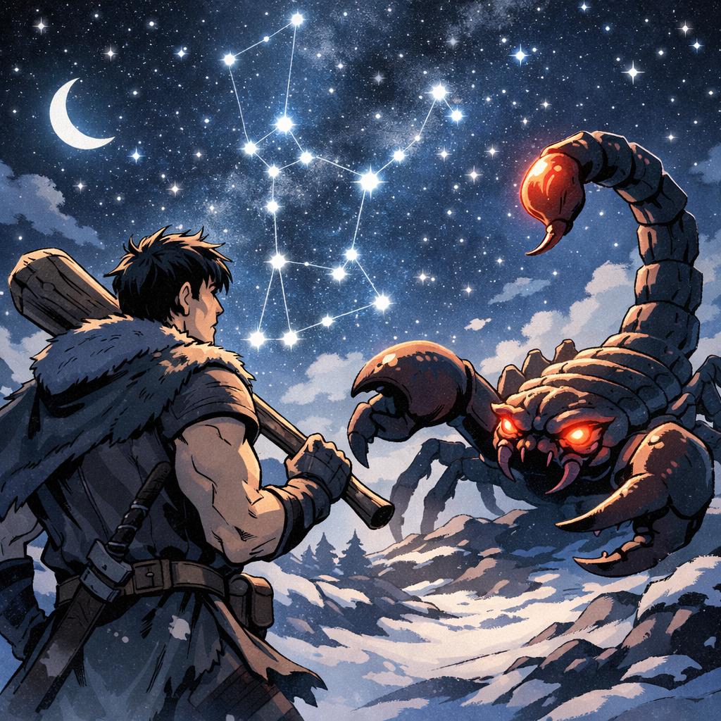 오리온자리 신화 일러스트 - 사냥꾼 오리온과 전갈, 겨울 밤하늘