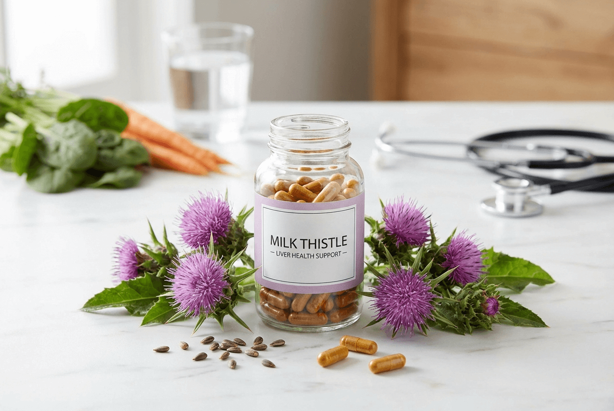 밀크씨슬 영양제 제품과 원료 식물, 간 건강 관리를 위한 건강기능식품 이미지