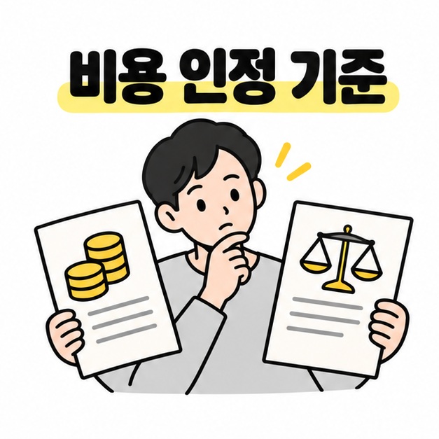 비용 인정 기준을 구분하자는 문구와 두 문서를 비교하는 일러스트
