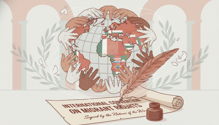 유엔 협약 서명과 다양한 손들이 지구를 감싸고 있는 모습, 이주민 인권 보호를 위한 국제적 협력을 상징합니다.