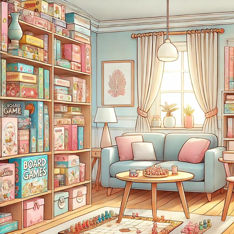 showcasing a variety of board games stacked neatly on shelves and a coffe , 보드게임 모음